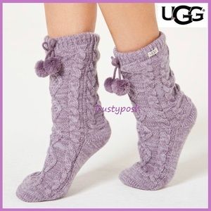 UGG Fleece Lined Pom Pom Socks Cozy Boot Purple Gift Woman Girl Purple Red Beige
